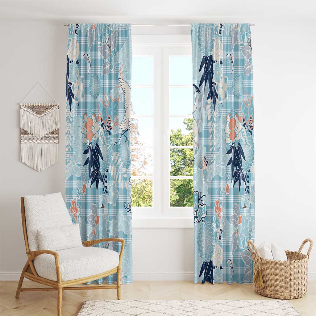 Blue Palaka Crane and Flowers Window Curtain Japan Heritage Spirit - Polynesian Pride