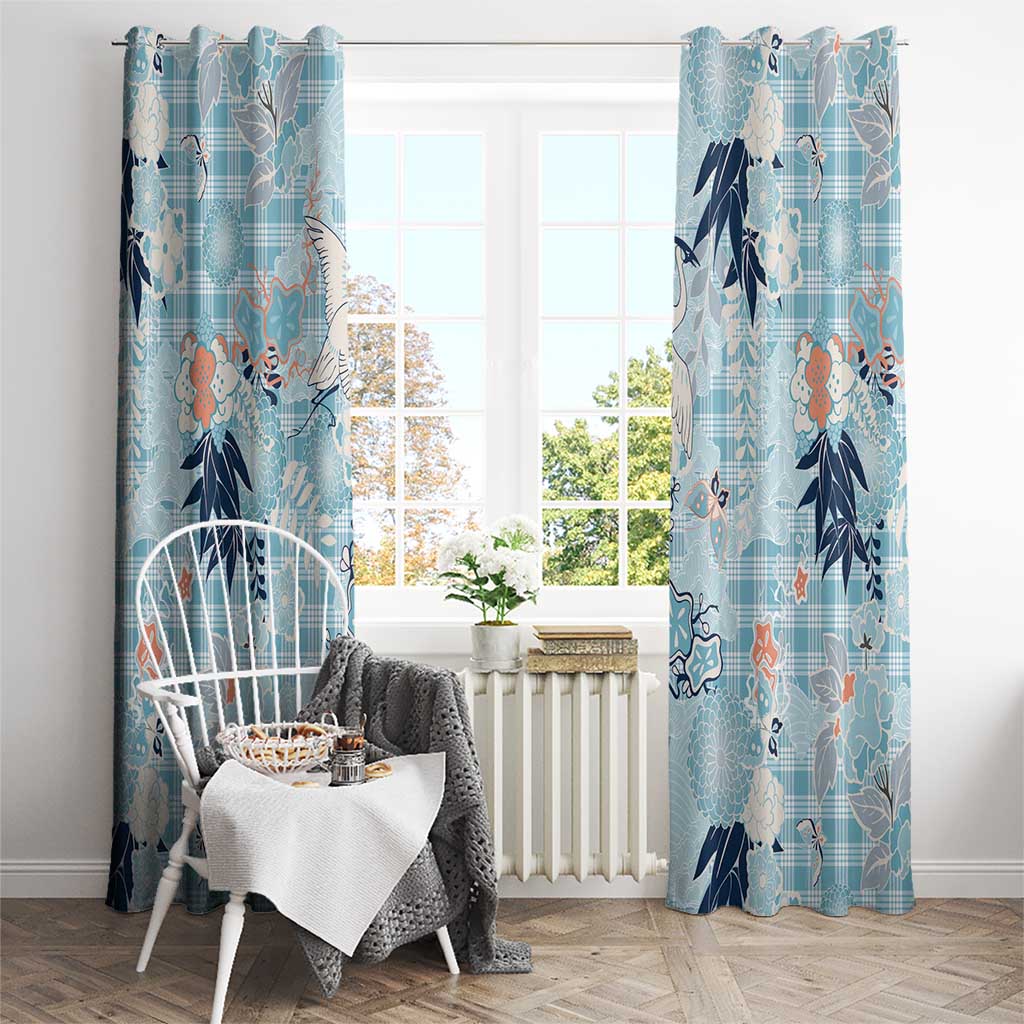 Blue Palaka Crane and Flowers Window Curtain Japan Heritage Spirit - Polynesian Pride