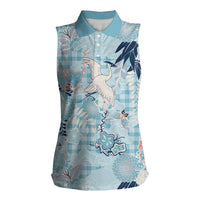 Blue Palaka Crane and Flowers Women Sleeveless Polo Shirt Japan Heritage Spirit - Polynesian Pride