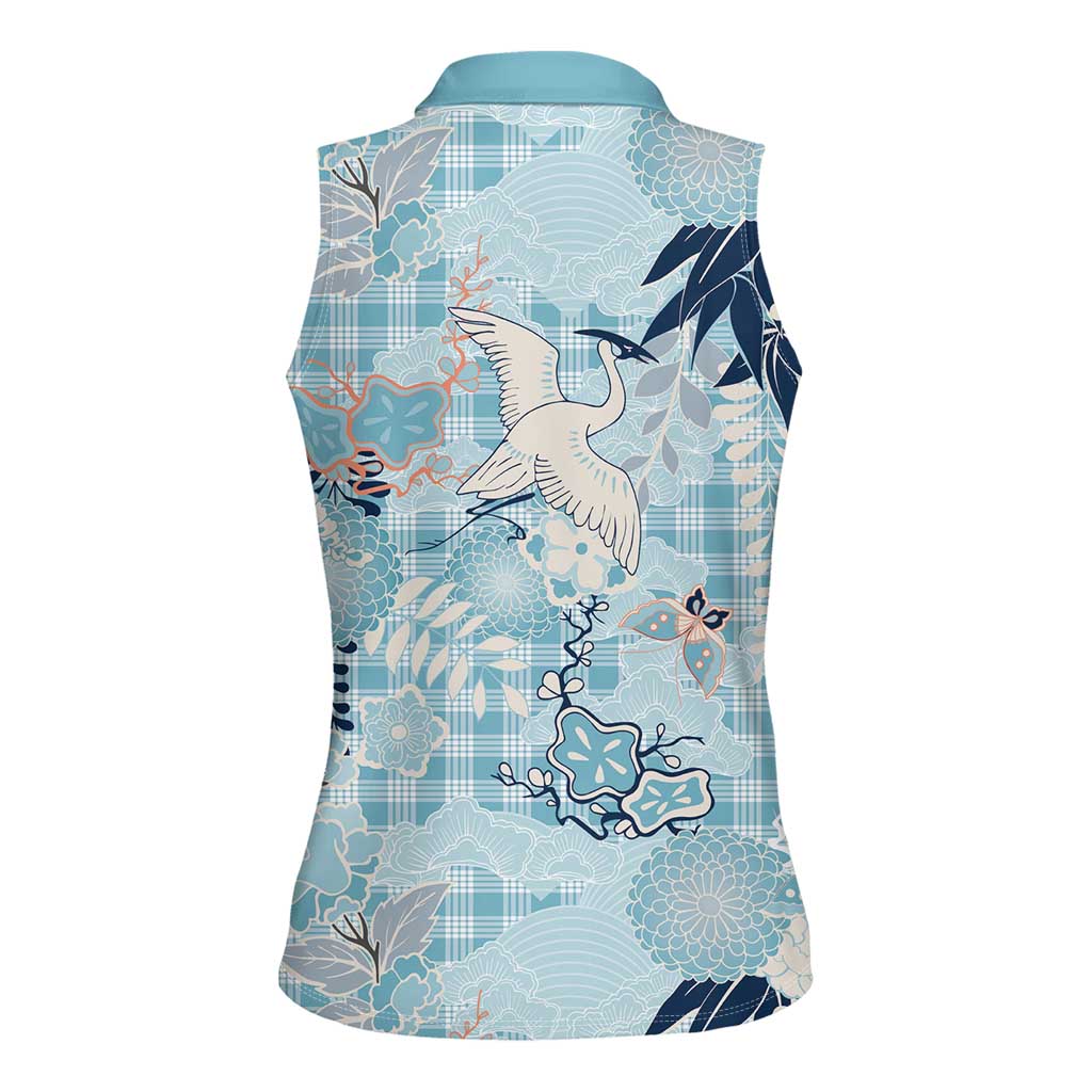 Blue Palaka Crane and Flowers Women Sleeveless Polo Shirt Japan Heritage Spirit - Polynesian Pride