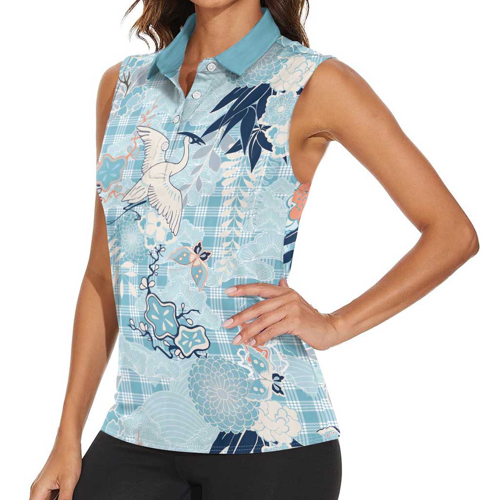 Blue Palaka Crane and Flowers Women Sleeveless Polo Shirt Japan Heritage Spirit - Polynesian Pride
