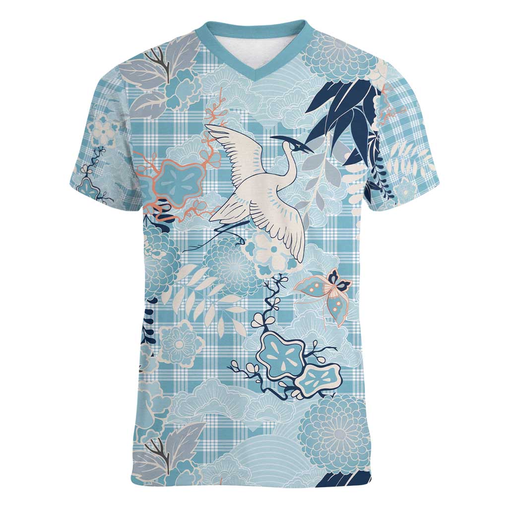 Blue Palaka Crane and Flowers Women V-Neck T-Shirt Japan Heritage Spirit - Polynesian Pride