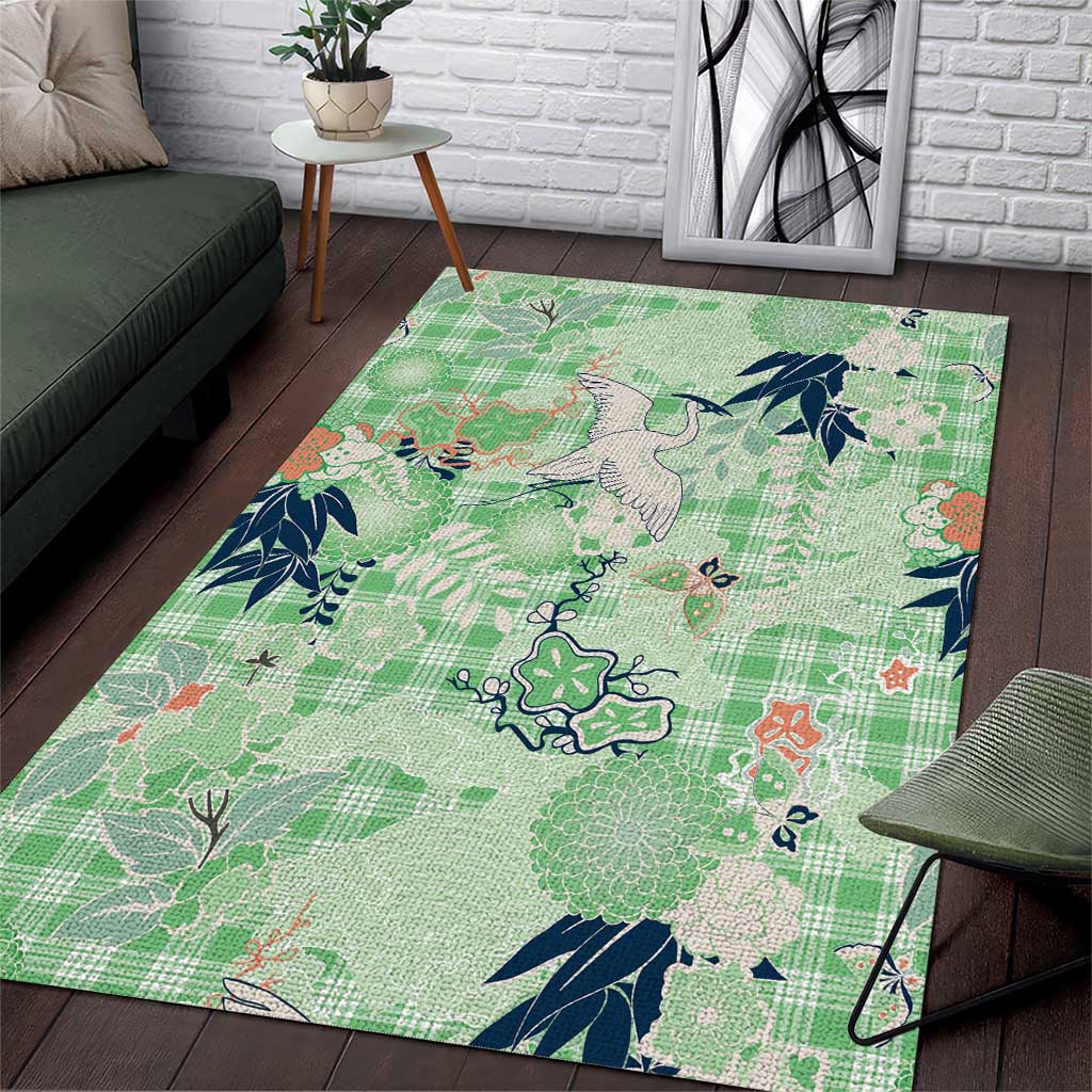 Green Palaka Crane and Flowers Area Rug Japan Heritage Spirit - Polynesian Pride