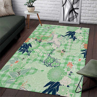 Green Palaka Crane and Flowers Area Rug Japan Heritage Spirit - Polynesian Pride