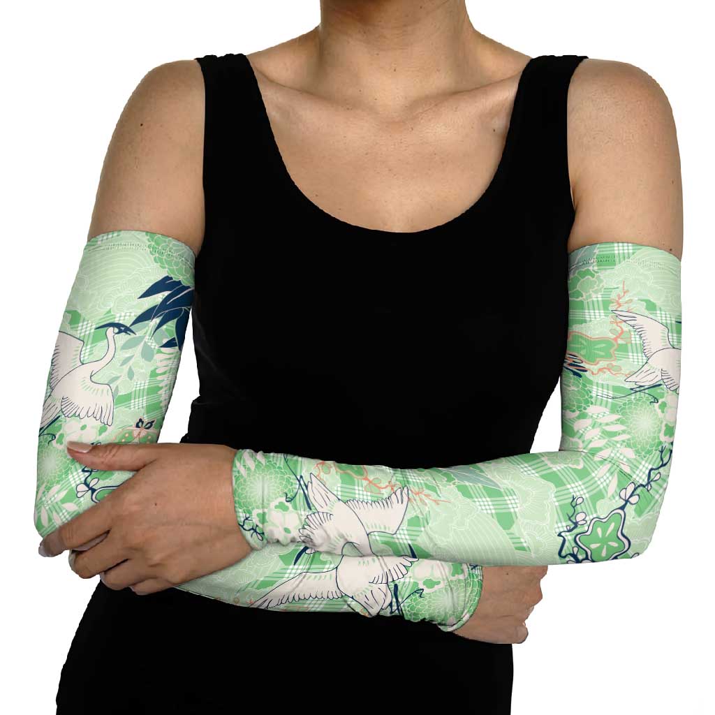 Green Palaka Crane and Flowers Arm Sleeves Japan Heritage Spirit - Polynesian Pride