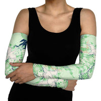 Green Palaka Crane and Flowers Arm Sleeves Japan Heritage Spirit - Polynesian Pride