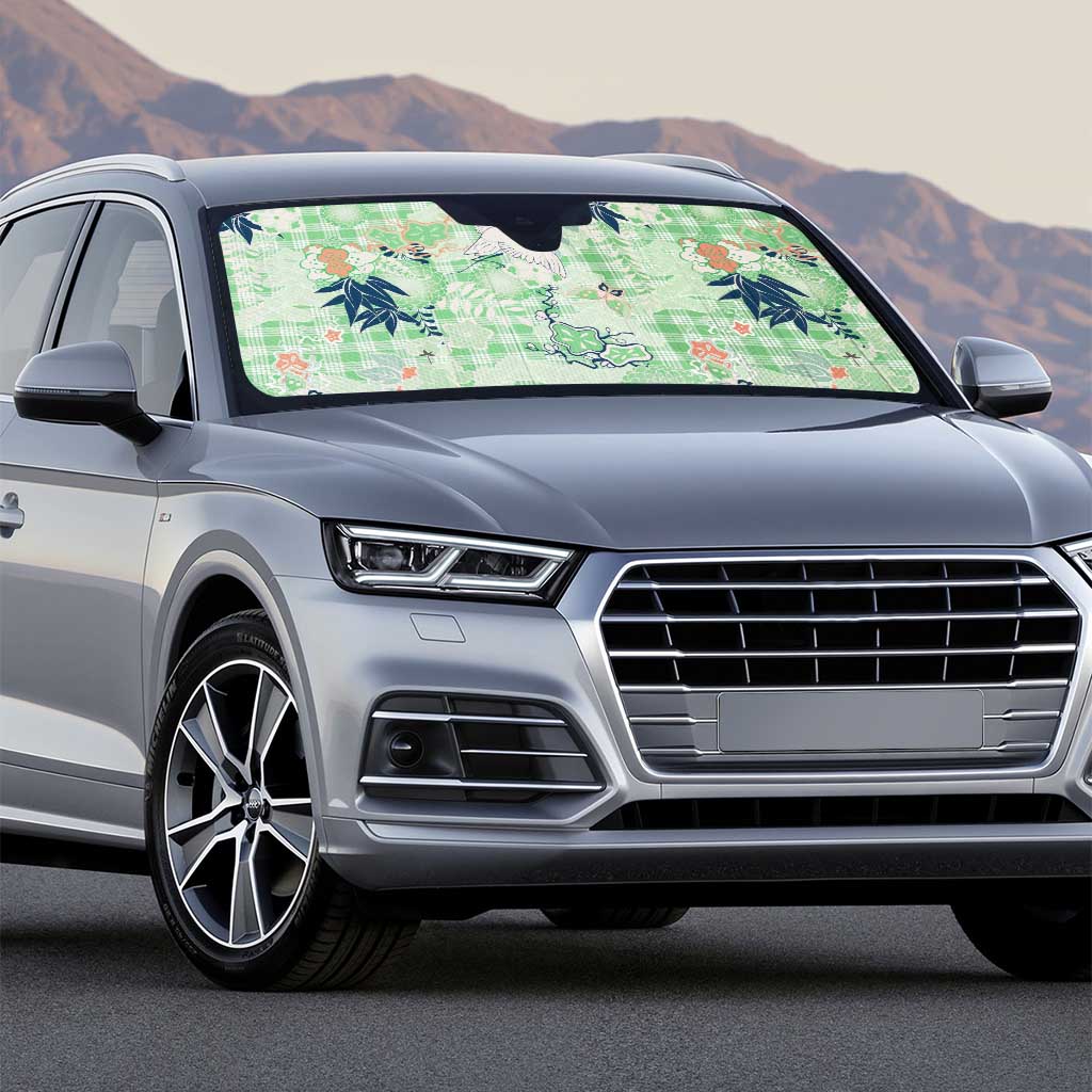 Green Palaka Crane and Flowers Auto Sun Shade Japan Heritage Spirit - Polynesian Pride