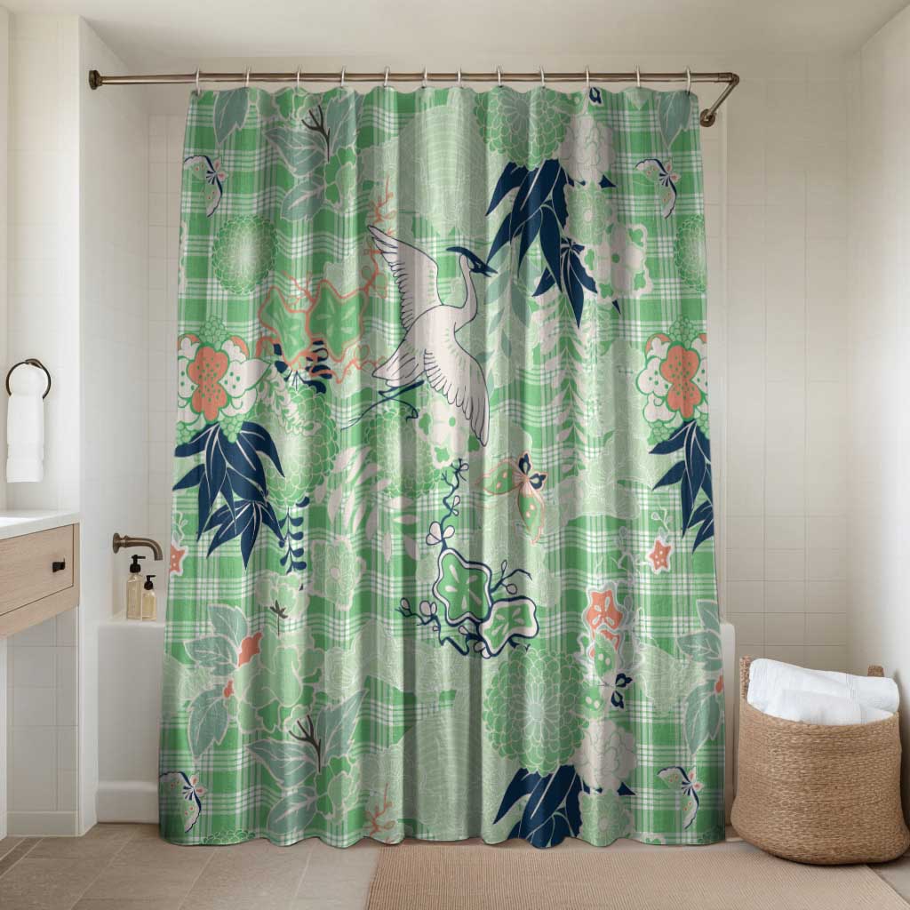 Green Palaka Crane and Flowers Bathroom Set Japan Heritage Spirit - Polynesian Pride