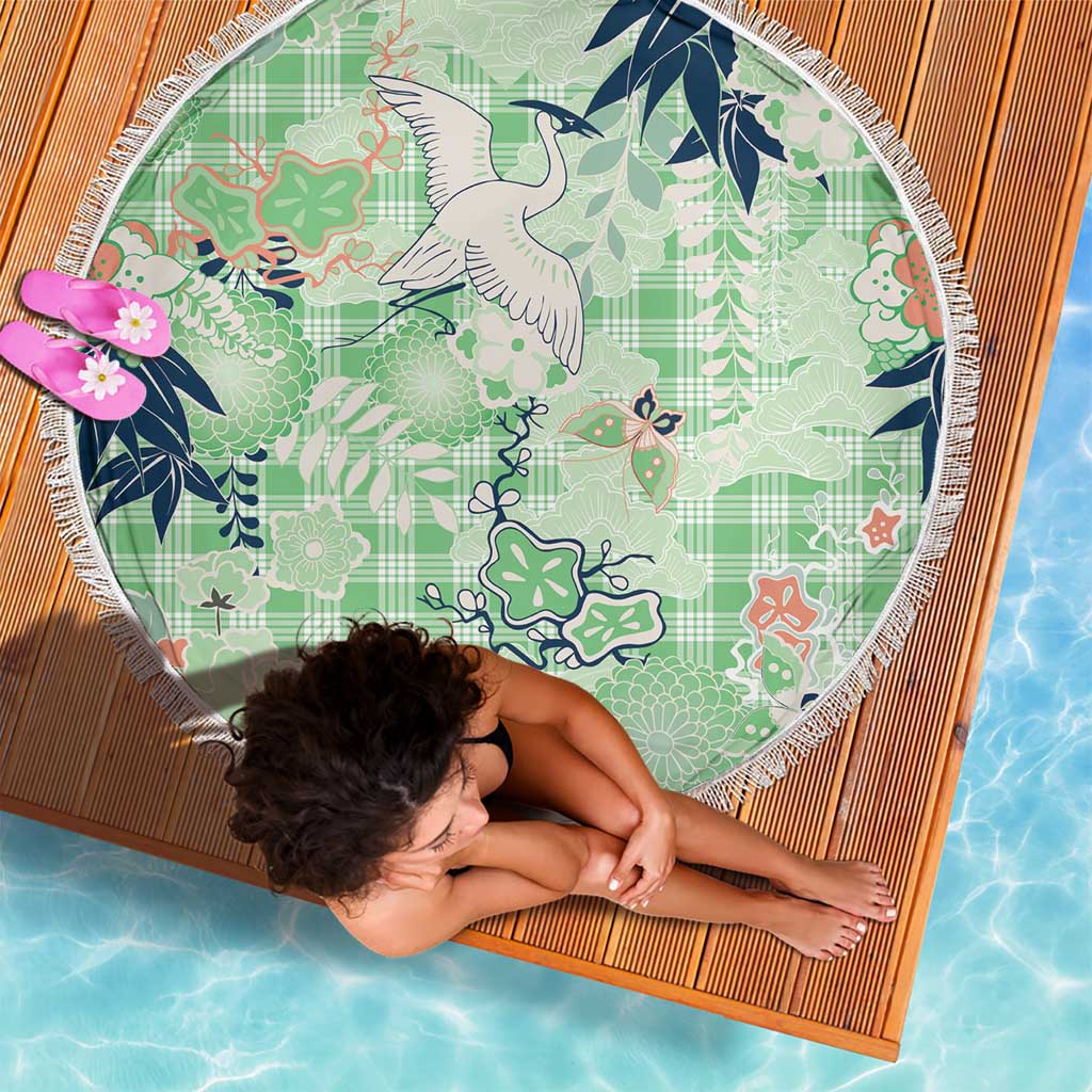 Green Palaka Crane and Flowers Beach Blanket Japan Heritage Spirit - Polynesian Pride