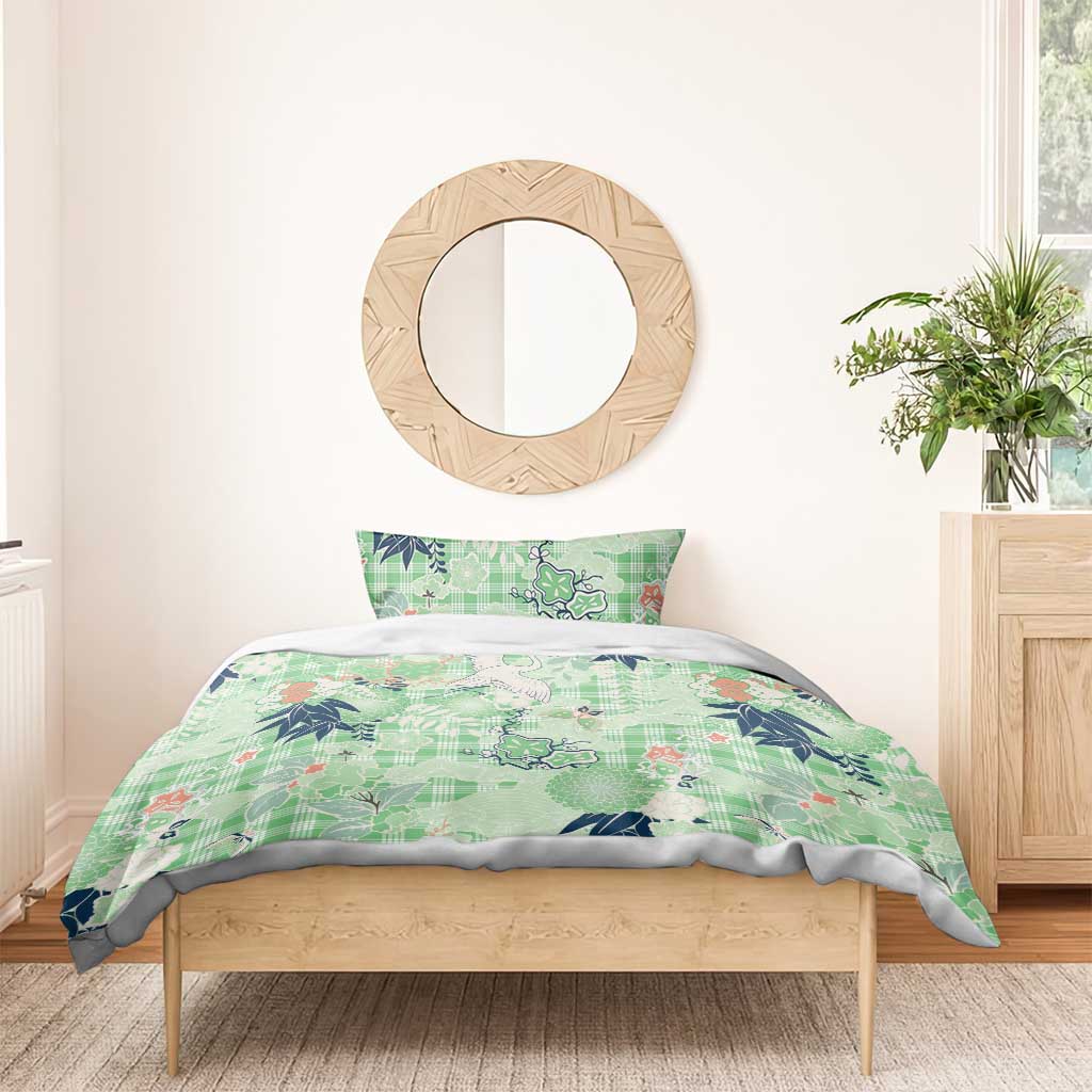 Green Palaka Crane and Flowers Bedding Set Japan Heritage Spirit - Polynesian Pride