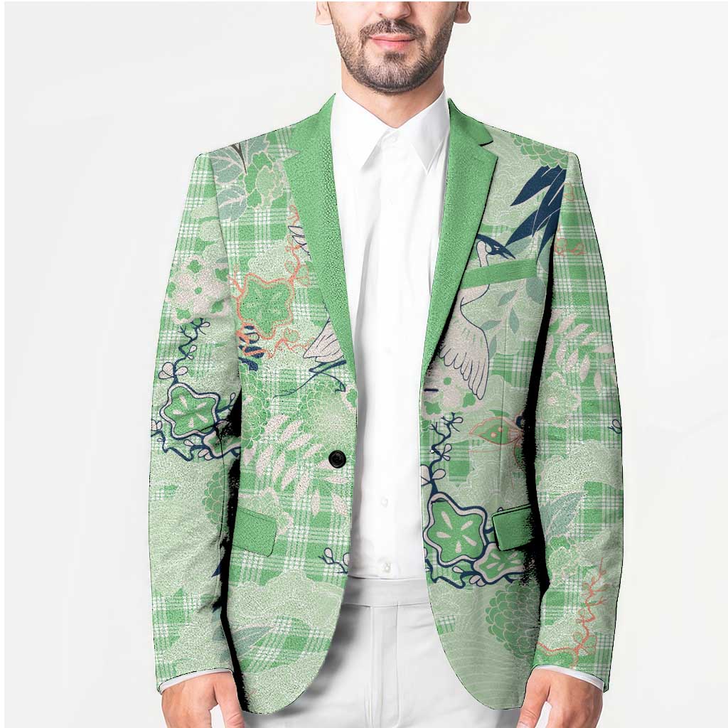 Green Palaka Crane and Flowers Blazer Japan Heritage Spirit - Polynesian Pride
