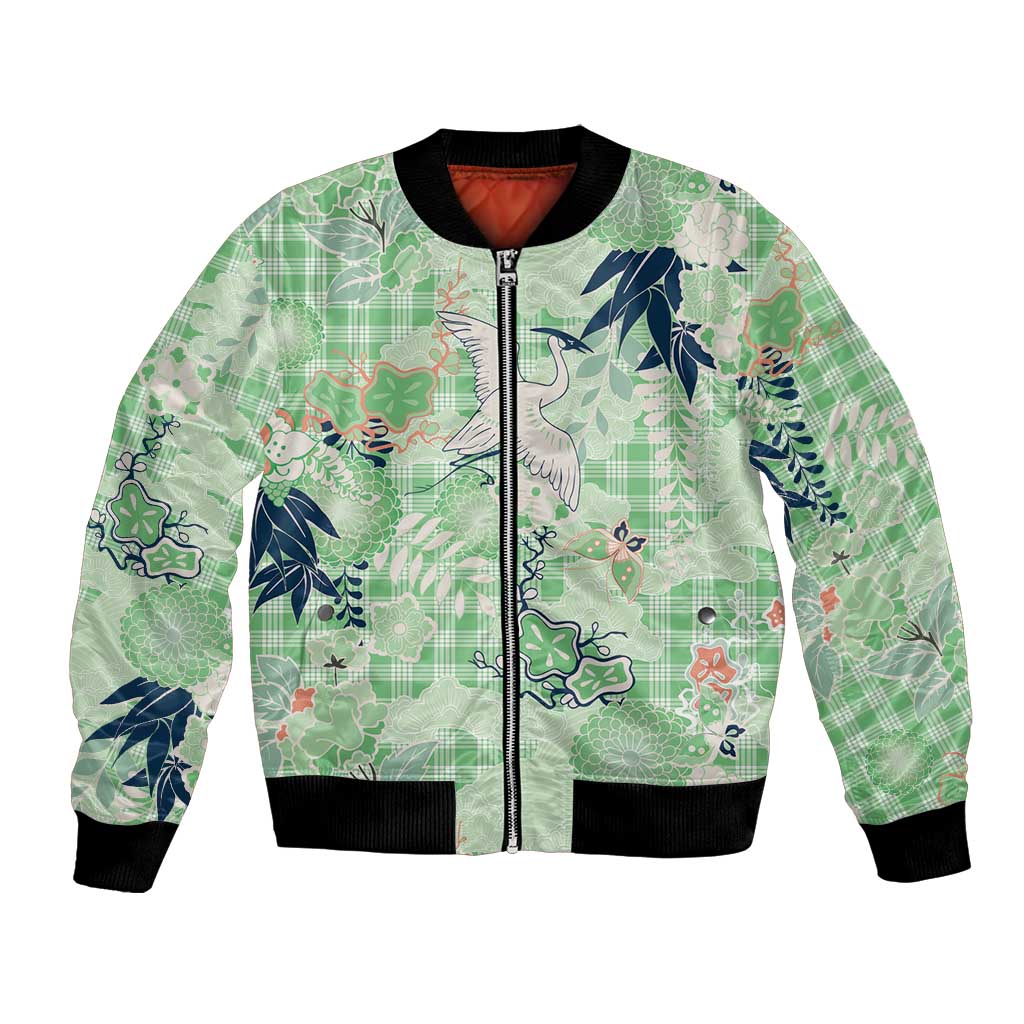 Green Palaka Crane and Flowers Bomber Jacket Japan Heritage Spirit - Polynesian Pride