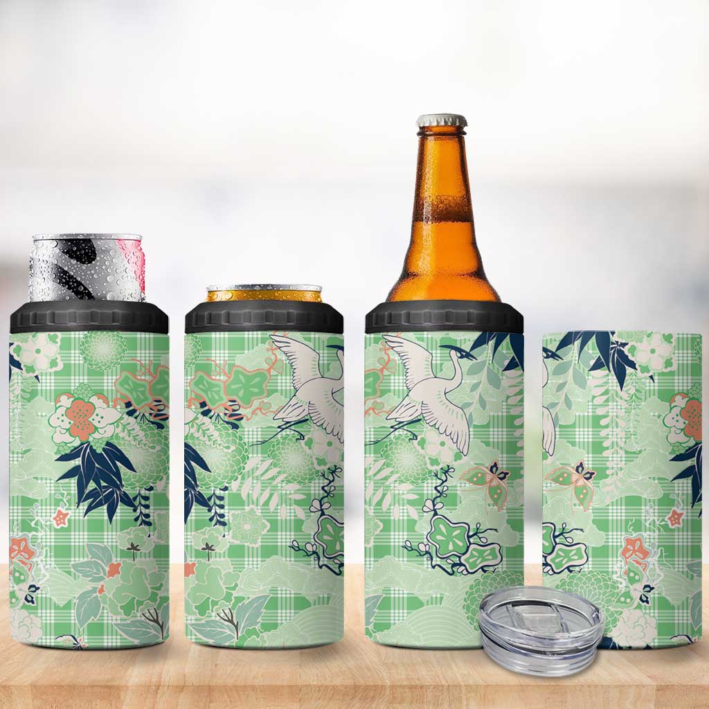 Green Palaka Crane and Flowers 4 in 1 Can Cooler Tumbler Japan Heritage Spirit - Polynesian Pride