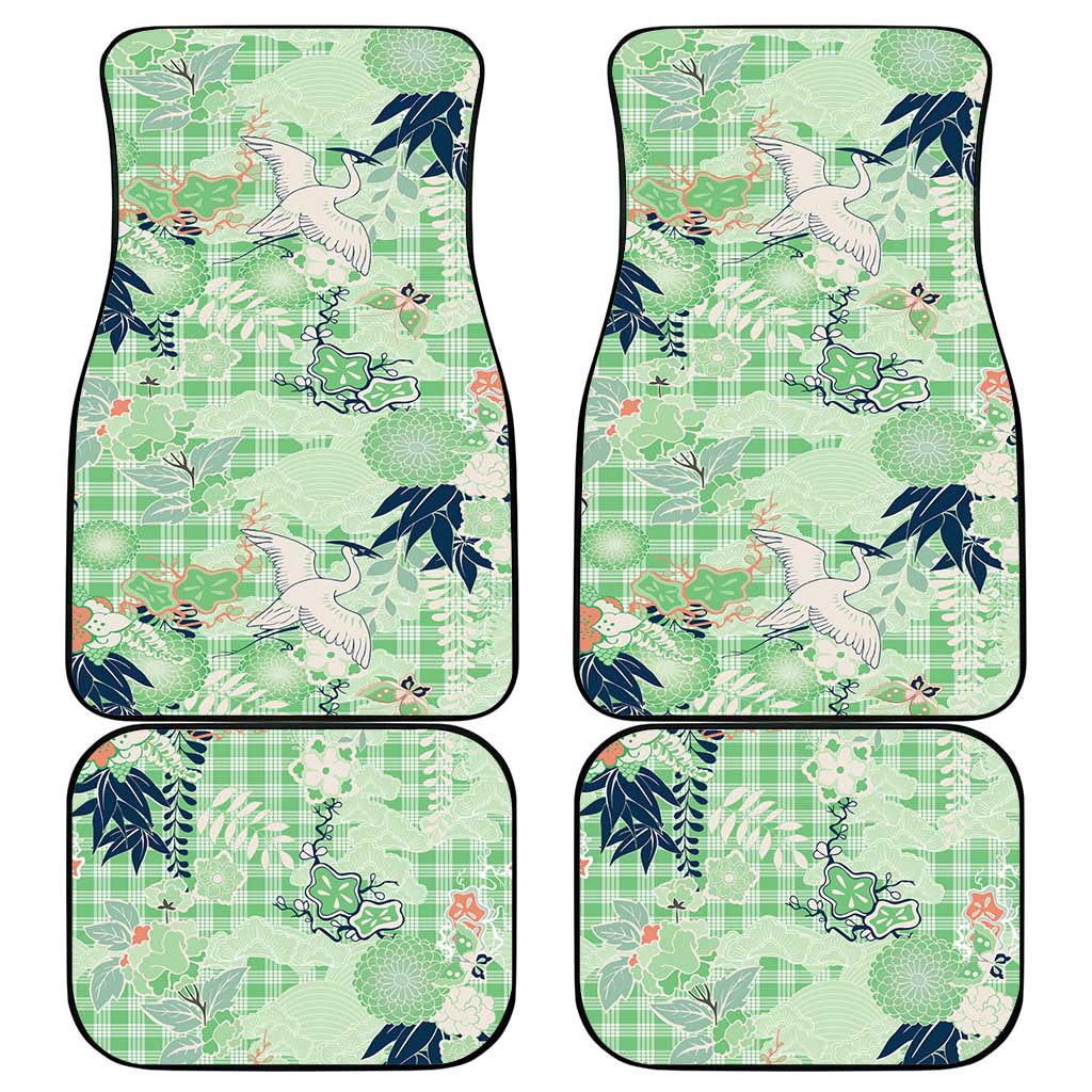 Green Palaka Crane and Flowers Car Mats Japan Heritage Spirit - Polynesian Pride