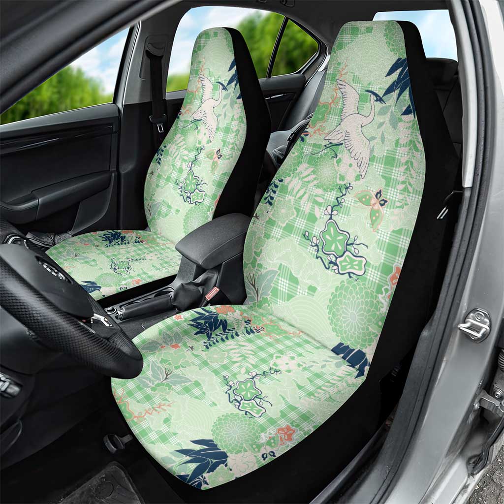 Green Palaka Crane and Flowers Car Seat Cover Japan Heritage Spirit - Polynesian Pride