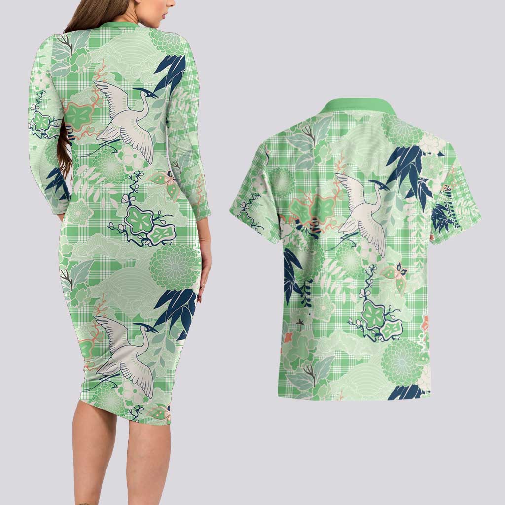 Green Palaka Crane and Flowers Couples Matching Long Sleeve Bodycon Dress and Hawaiian Shirt Japan Heritage Spirit LT9 - Polynesian Pride