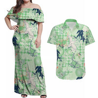 Green Palaka Crane and Flowers Couples Matching Off Shoulder Maxi Dress and Hawaiian Shirt Japan Heritage Spirit LT9 Green - Polynesian Pride