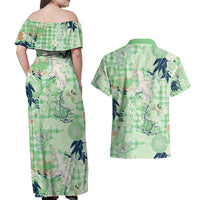 Green Palaka Crane and Flowers Couples Matching Off Shoulder Maxi Dress and Hawaiian Shirt Japan Heritage Spirit LT9 - Polynesian Pride