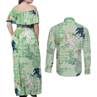 Green Palaka Crane and Flowers Couples Matching Off Shoulder Maxi Dress and Long Sleeve Button Shirt Japan Heritage Spirit LT9 - Polynesian Pride