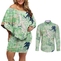 Green Palaka Crane and Flowers Couples Matching Off Shoulder Short Dress and Long Sleeve Button Shirt Japan Heritage Spirit - Polynesian Pride