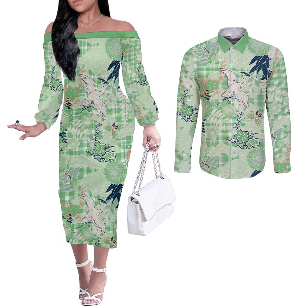 Green Palaka Crane and Flowers Couples Matching Off The Shoulder Long Sleeve Dress and Long Sleeve Button Shirt Japan Heritage Spirit - Polynesian Pride