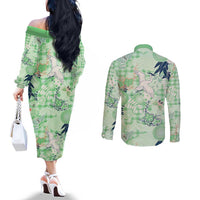 Green Palaka Crane and Flowers Couples Matching Off The Shoulder Long Sleeve Dress and Long Sleeve Button Shirt Japan Heritage Spirit - Polynesian Pride