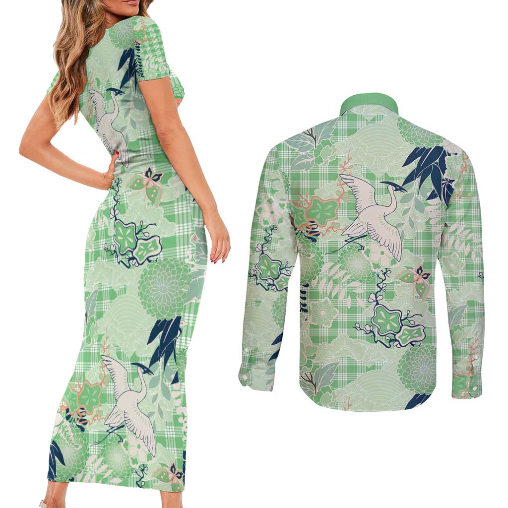 Green Palaka Crane and Flowers Couples Matching Short Sleeve Bodycon Dress and Long Sleeve Button Shirt Japan Heritage Spirit - Polynesian Pride