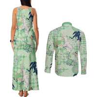 Green Palaka Crane and Flowers Couples Matching Tank Maxi Dress and Long Sleeve Button Shirt Japan Heritage Spirit - Polynesian Pride