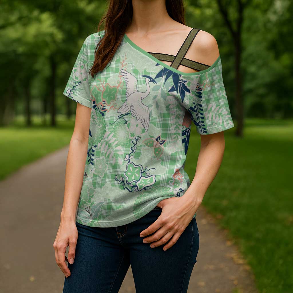 Green Palaka Crane and Flowers Cross Shoulder Shirt Japan Heritage Spirit - Polynesian Pride