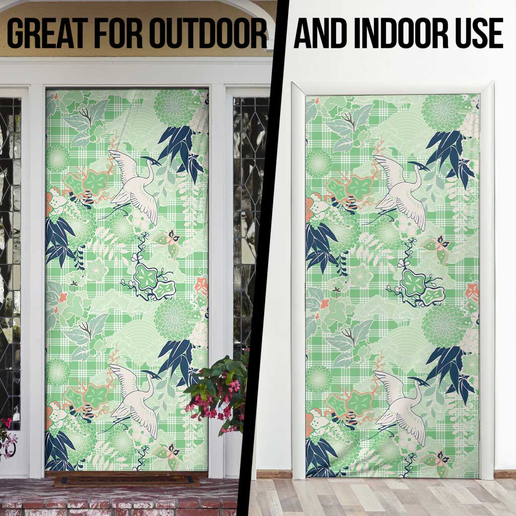 Green Palaka Crane and Flowers Door Cover Japan Heritage Spirit - Polynesian Pride