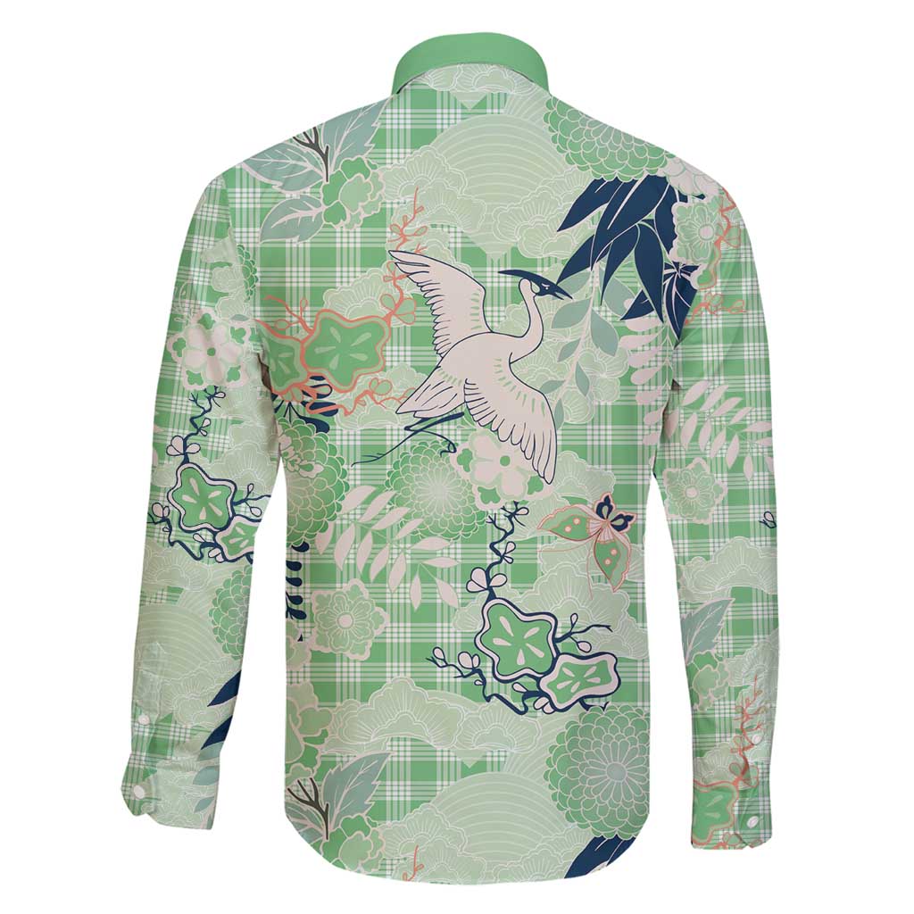 Green Palaka Crane and Flowers Family Matching Long Sleeve Bodycon Dress and Hawaiian Shirt Japan Heritage Spirit - Polynesian Pride