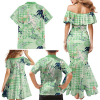 Green Palaka Crane and Flowers Family Matching Mermaid Dress and Hawaiian Shirt Japan Heritage Spirit - Polynesian Pride