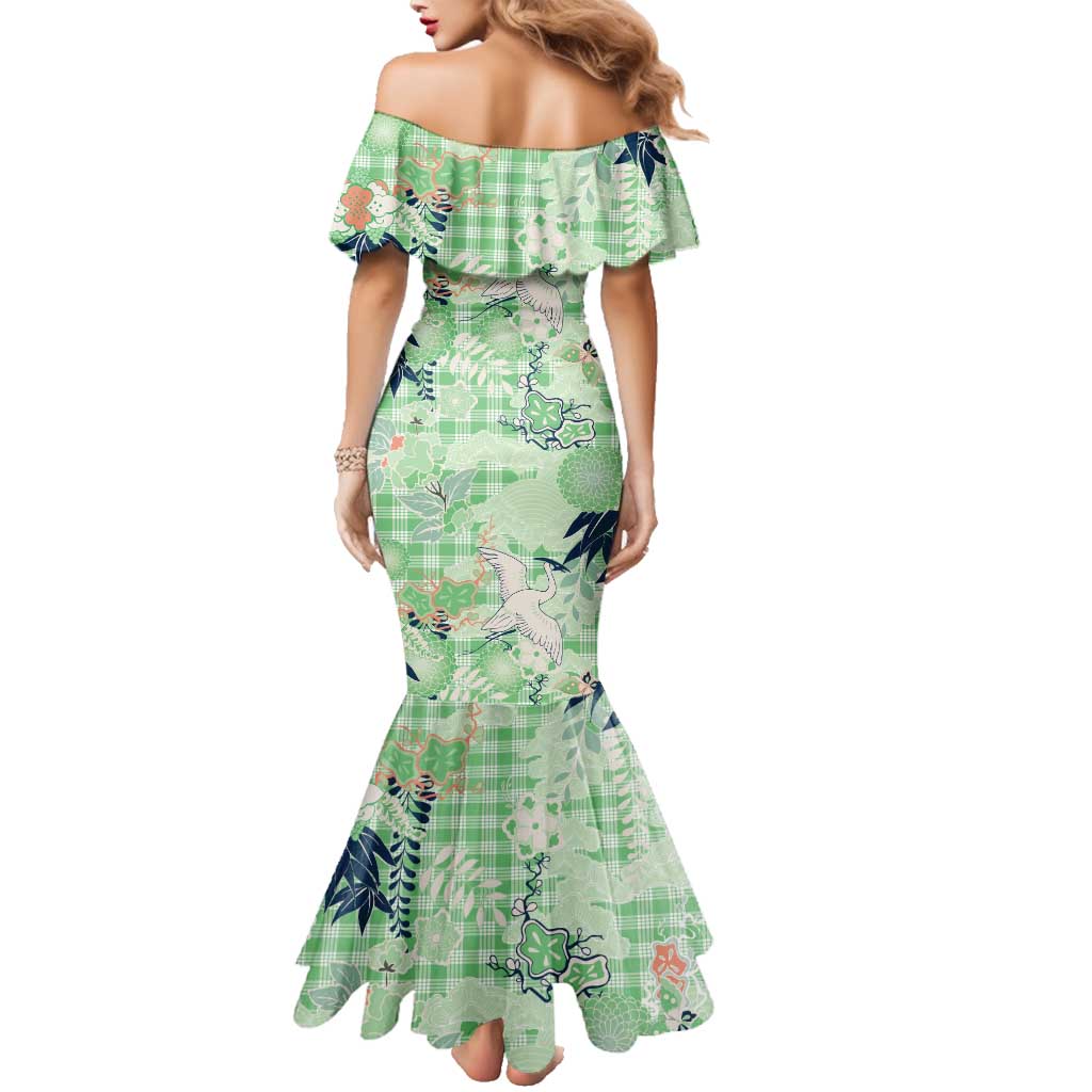 Green Palaka Crane and Flowers Family Matching Mermaid Dress and Hawaiian Shirt Japan Heritage Spirit - Polynesian Pride