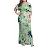 Green Palaka Crane and Flowers Family Matching Off Shoulder Maxi Dress and Hawaiian Shirt Japan Heritage Spirit - Polynesian Pride