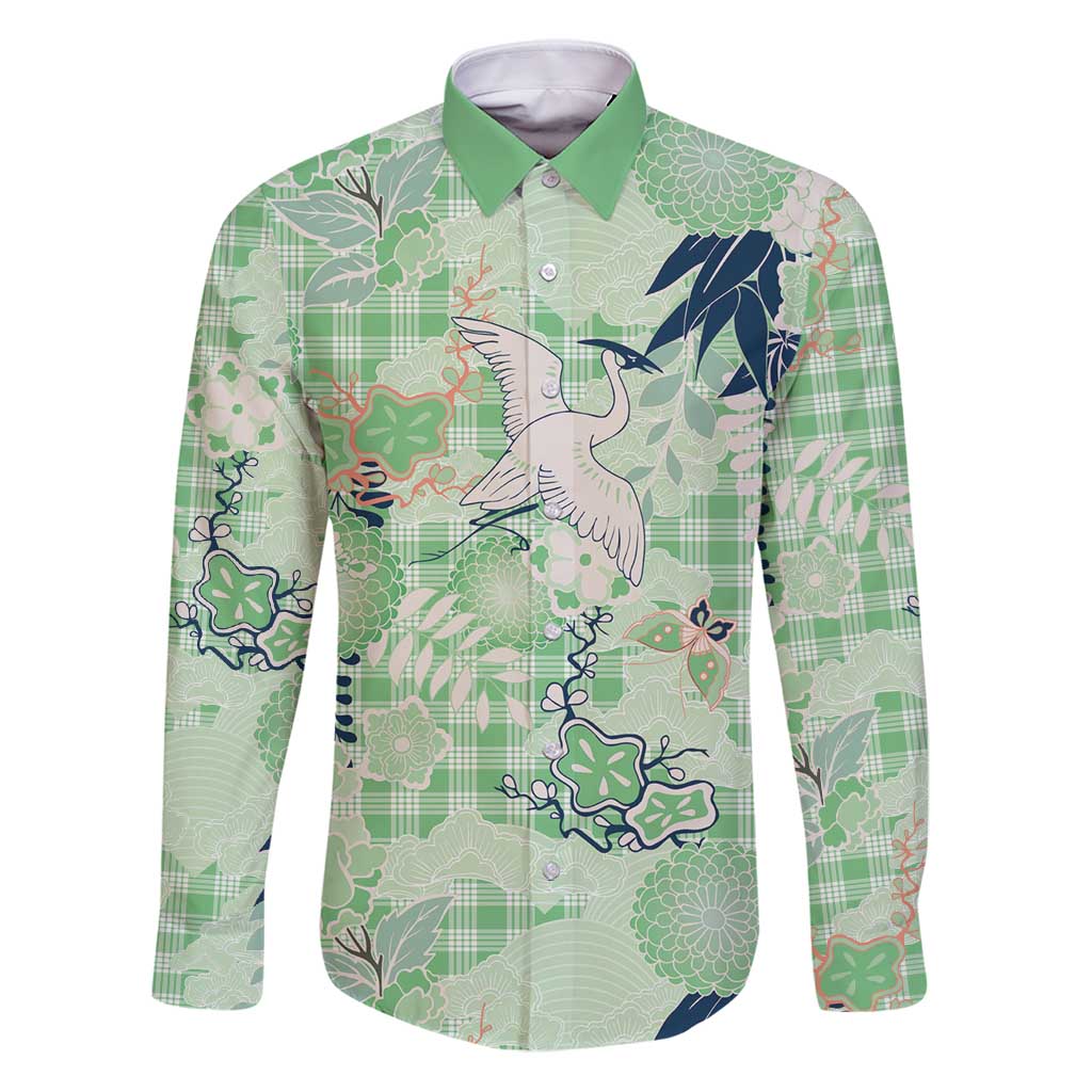 Green Palaka Crane and Flowers Family Matching Puletasi and Hawaiian Shirt Japan Heritage Spirit LT9 Dad's Shirt - Long Sleeve Green - Polynesian Pride