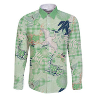 Green Palaka Crane and Flowers Family Matching Puletasi and Hawaiian Shirt Japan Heritage Spirit LT9 Dad's Shirt - Long Sleeve Green - Polynesian Pride