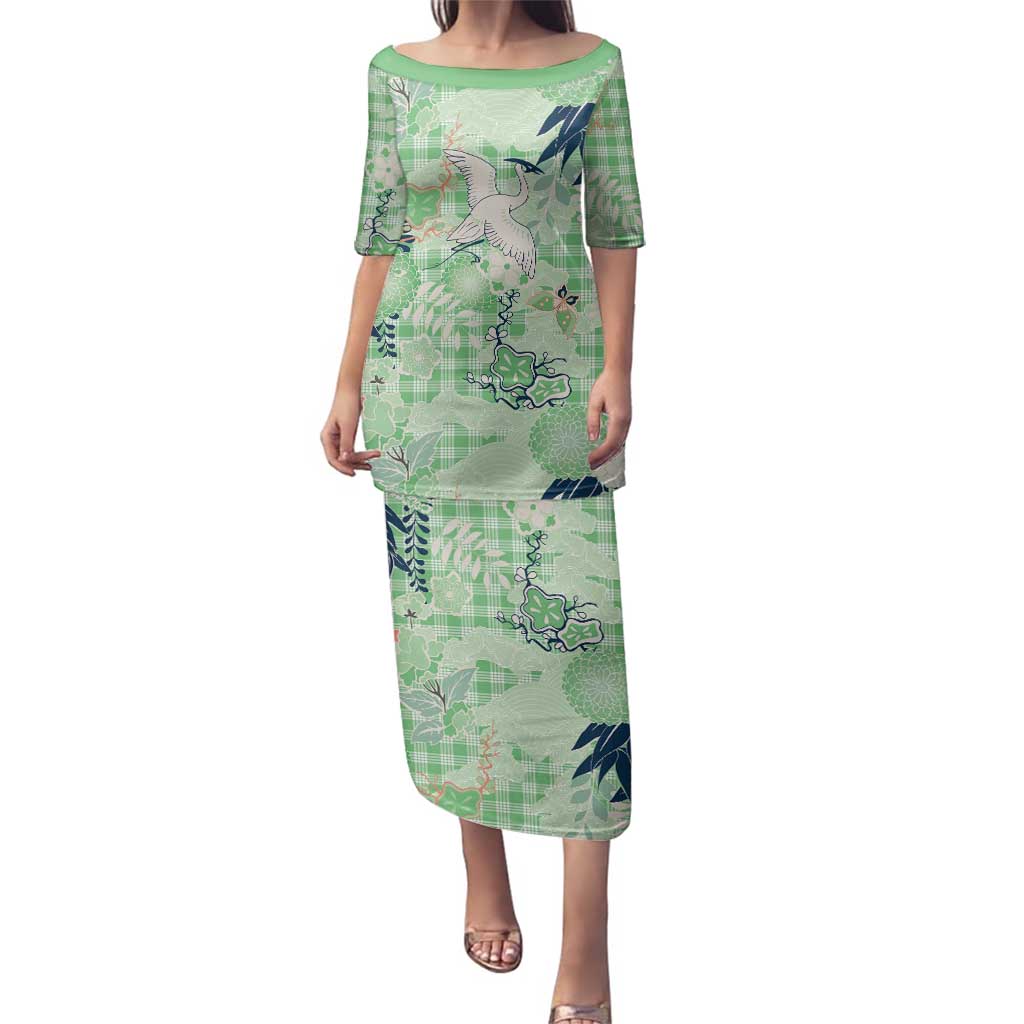 Green Palaka Crane and Flowers Family Matching Puletasi and Hawaiian Shirt Japan Heritage Spirit LT9 Mom's Dress Green - Polynesian Pride