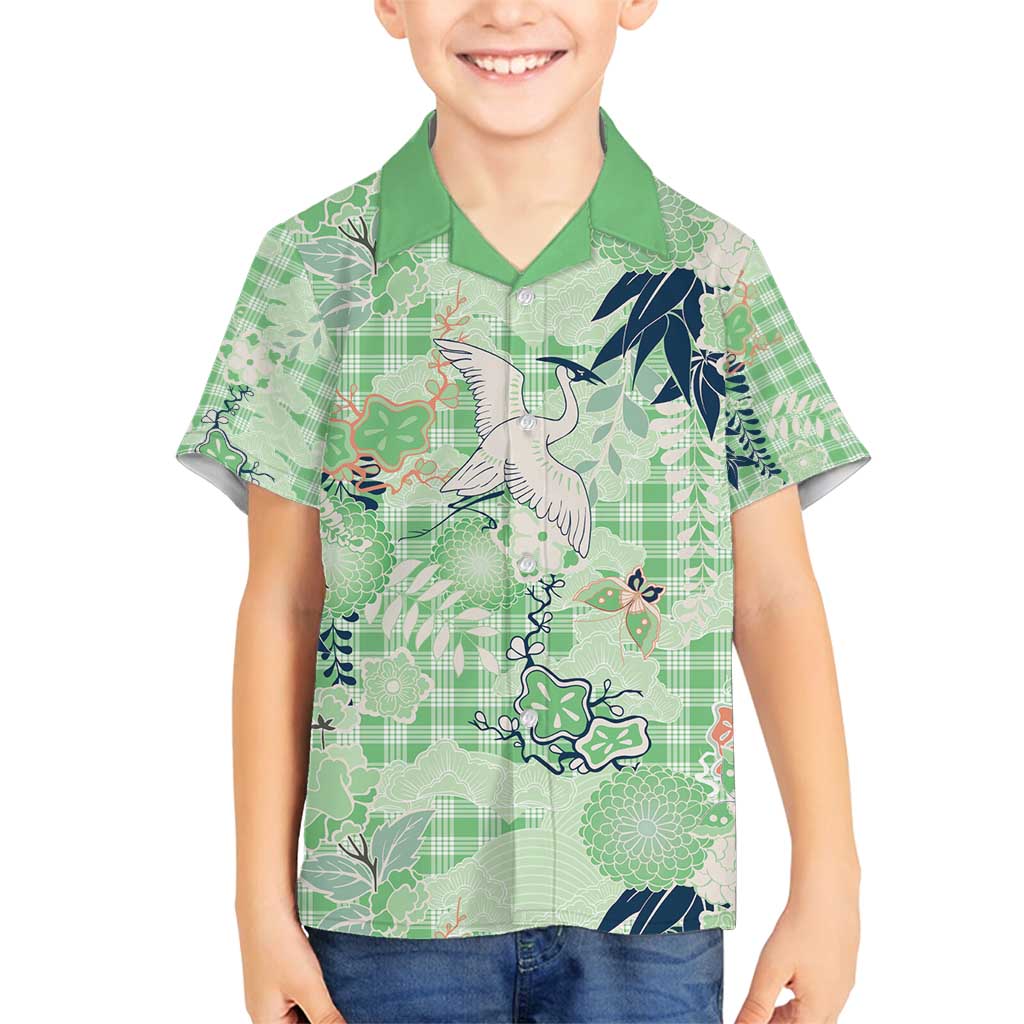 Green Palaka Crane and Flowers Family Matching Puletasi and Hawaiian Shirt Japan Heritage Spirit LT9 Son's Shirt Green - Polynesian Pride