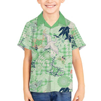 Green Palaka Crane and Flowers Family Matching Puletasi and Hawaiian Shirt Japan Heritage Spirit LT9 Son's Shirt Green - Polynesian Pride