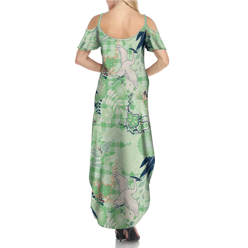 Green Palaka Crane and Flowers Family Matching Summer Maxi Dress and Hawaiian Shirt Japan Heritage Spirit - Polynesian Pride