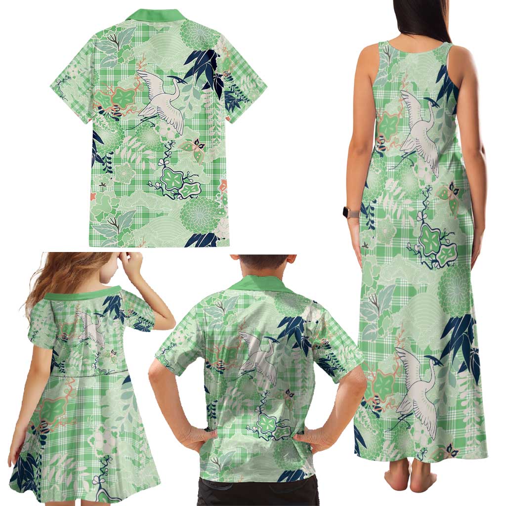 Green Palaka Crane and Flowers Family Matching Tank Maxi Dress and Hawaiian Shirt Japan Heritage Spirit - Polynesian Pride