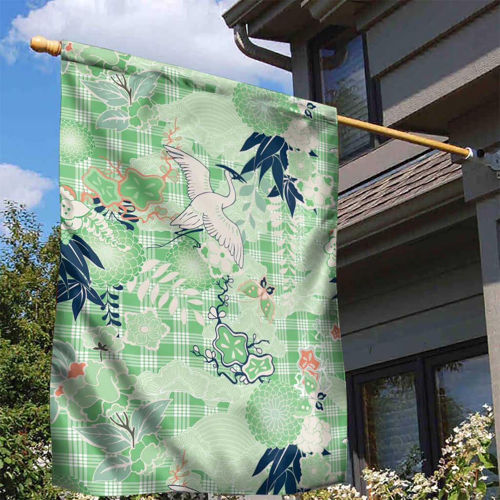 Green Palaka Crane and Flowers Garden Flag Japan Heritage Spirit - Polynesian Pride