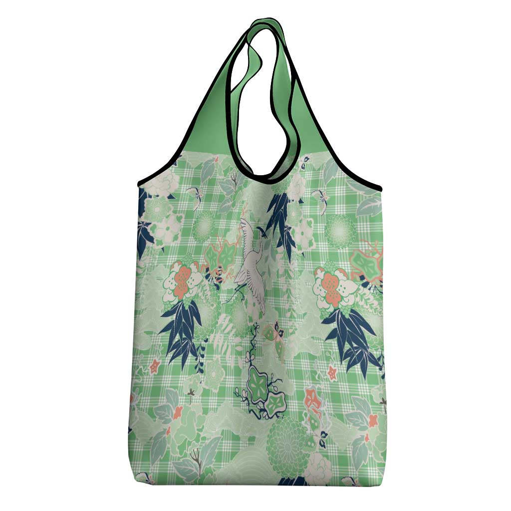 Green Palaka Crane and Flowers Grocery Bag Japan Heritage Spirit - Polynesian Pride