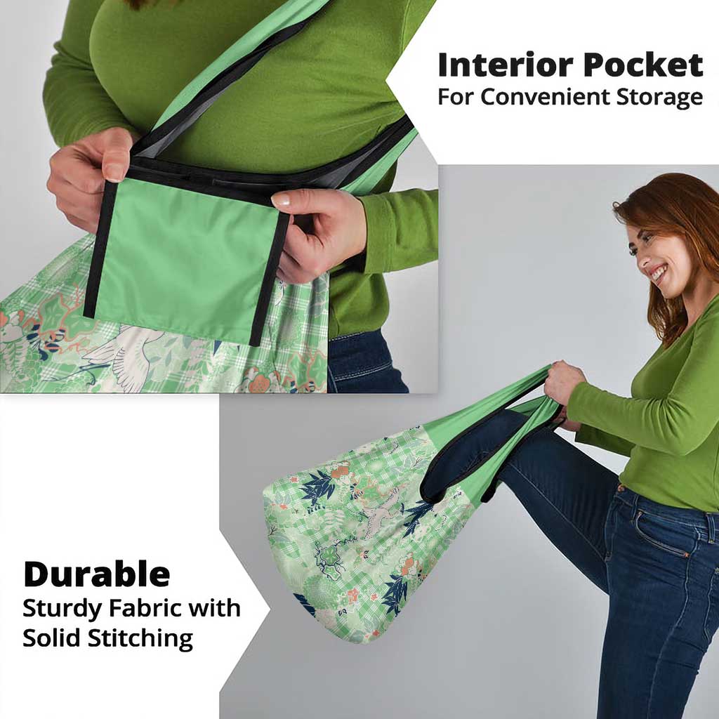 Green Palaka Crane and Flowers Grocery Bag Japan Heritage Spirit - Polynesian Pride