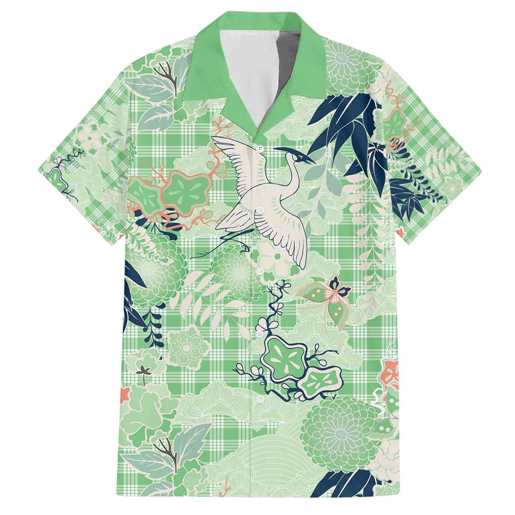 Green Palaka Crane and Flowers Hawaiian Shirt Japan Heritage Spirit - Polynesian Pride