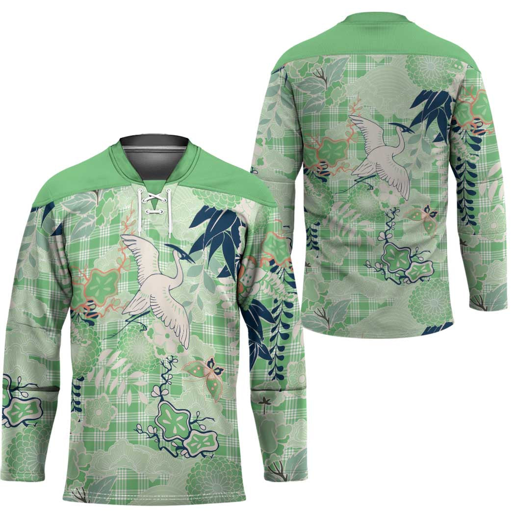 Green Palaka Crane and Flowers Hockey Jersey Japan Heritage Spirit - Polynesian Pride