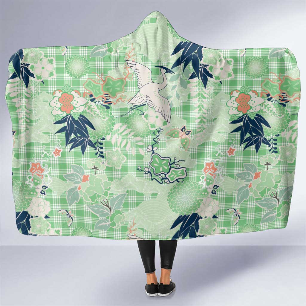 Green Palaka Crane and Flowers Hooded Blanket Japan Heritage Spirit - Polynesian Pride