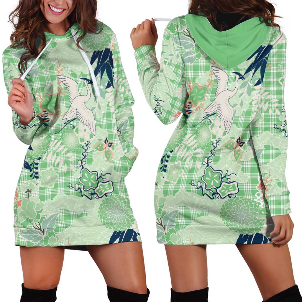 Green Palaka Crane and Flowers Hoodie Dress Japan Heritage Spirit - Polynesian Pride