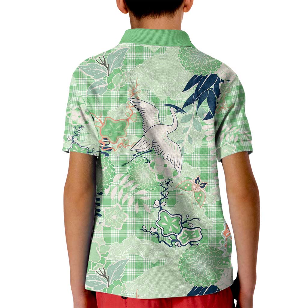 Green Palaka Crane and Flowers Kid Polo Shirt Japan Heritage Spirit - Polynesian Pride