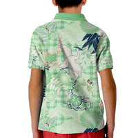 Green Palaka Crane and Flowers Kid Polo Shirt Japan Heritage Spirit - Polynesian Pride